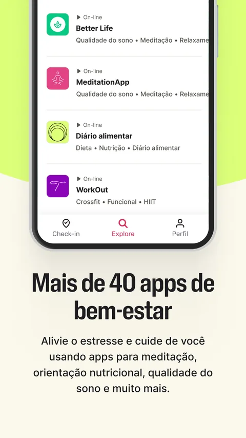 Tela do app Wellhub: mais de 40 apps de bem-estar (meditação, nutrição, sono)