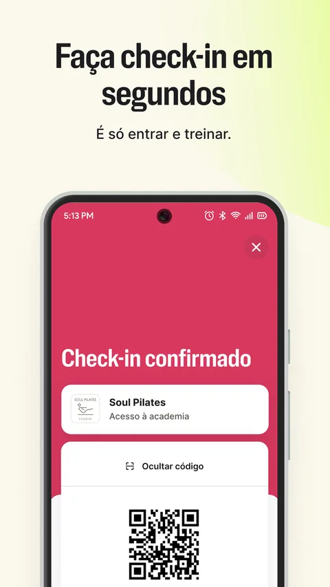 Tela do app Wellhub: check-in confirmado com QR code