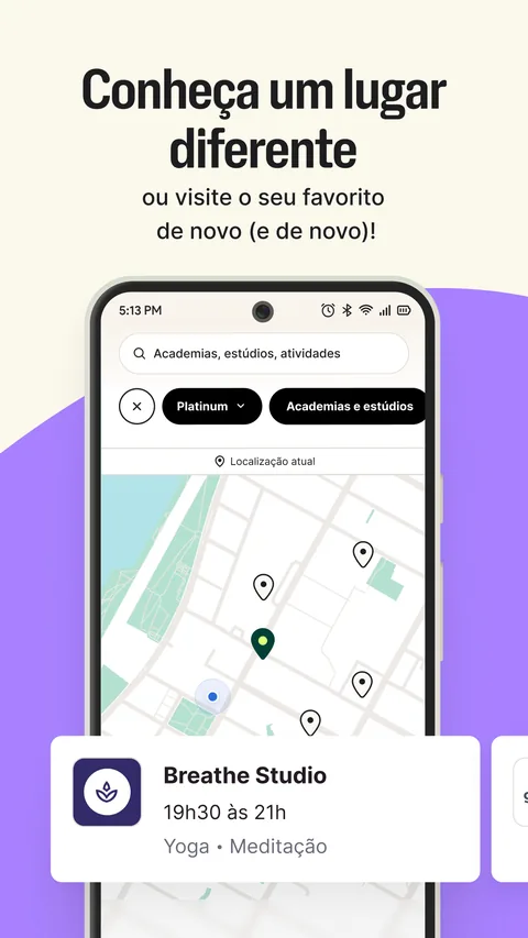Tela do app Wellhub: mapa com academias e estúdios próximos