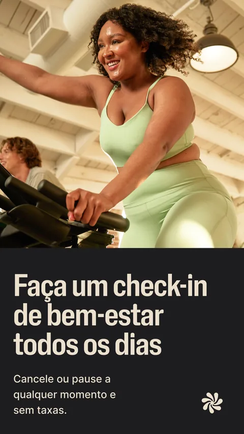 Tela do app Wellhub: cancele ou pause a qualquer momento e sem taxas